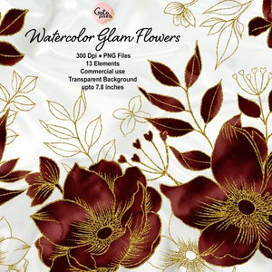Burgundy Watercolor Flower Clipart: Gold Glam PNG Embellishments (Digital Download)