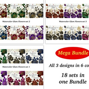 May include: A digital download of 18 sets of watercolor floral illustrations. The sets include 6 different color variations of 3 floral designs. The text "Mega Bundle" is displayed in red with yellow text. The text "All 3 designs in 6 colors" and "18 sets in one Bundle" is displayed in black.