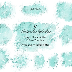 Könnte beinhalten: Elf Aquarellspritzer in verschiedenen Formen und Größen, von 8,4 bis 17,8 cm. Einige Spritzer haben Glitzer, andere nicht.