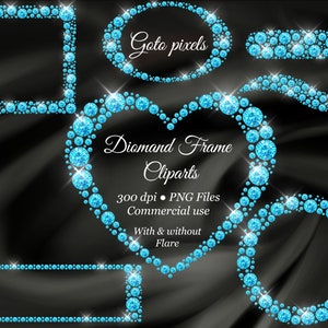 Blue Diamond Frame Clipart, Blue Diamond Borders Overlay, Glitter Gems Clip Art, Diamond Heart shape, Square Frames, Commercial Use