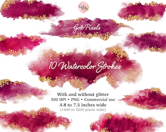Red Wine Watercolor Brush Strokes Clipart: Gold & Silver Glitter (Digital Download)
