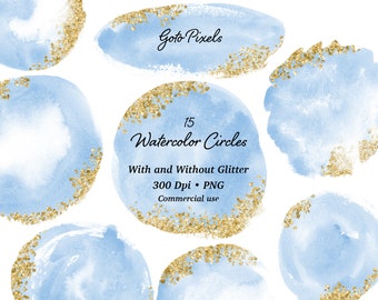 Blue Watercolor Circles with Glitter, Watercolor circles for logo, Gold circles for logo, watercolor circle clipart, Gold glitter circle PNG