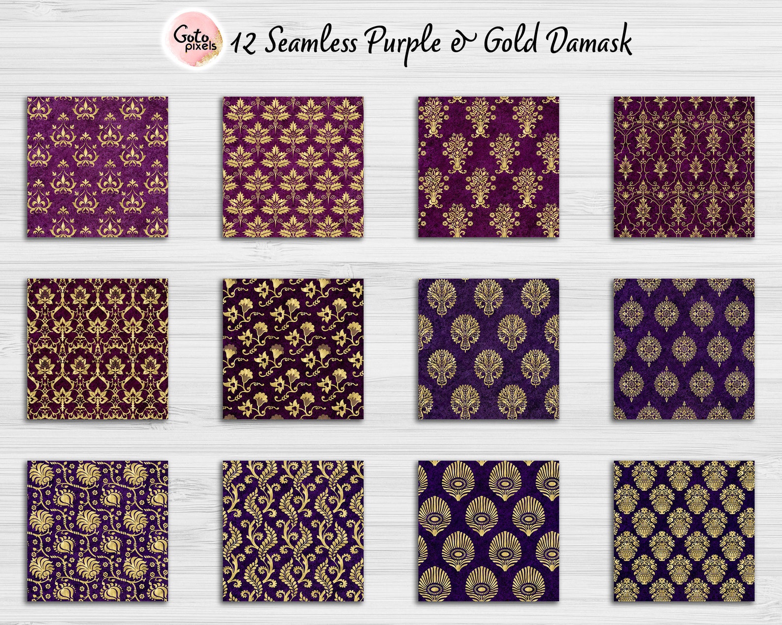 Purple and Gold Damask Digital Paper Seamless Damask Patterns Etsy