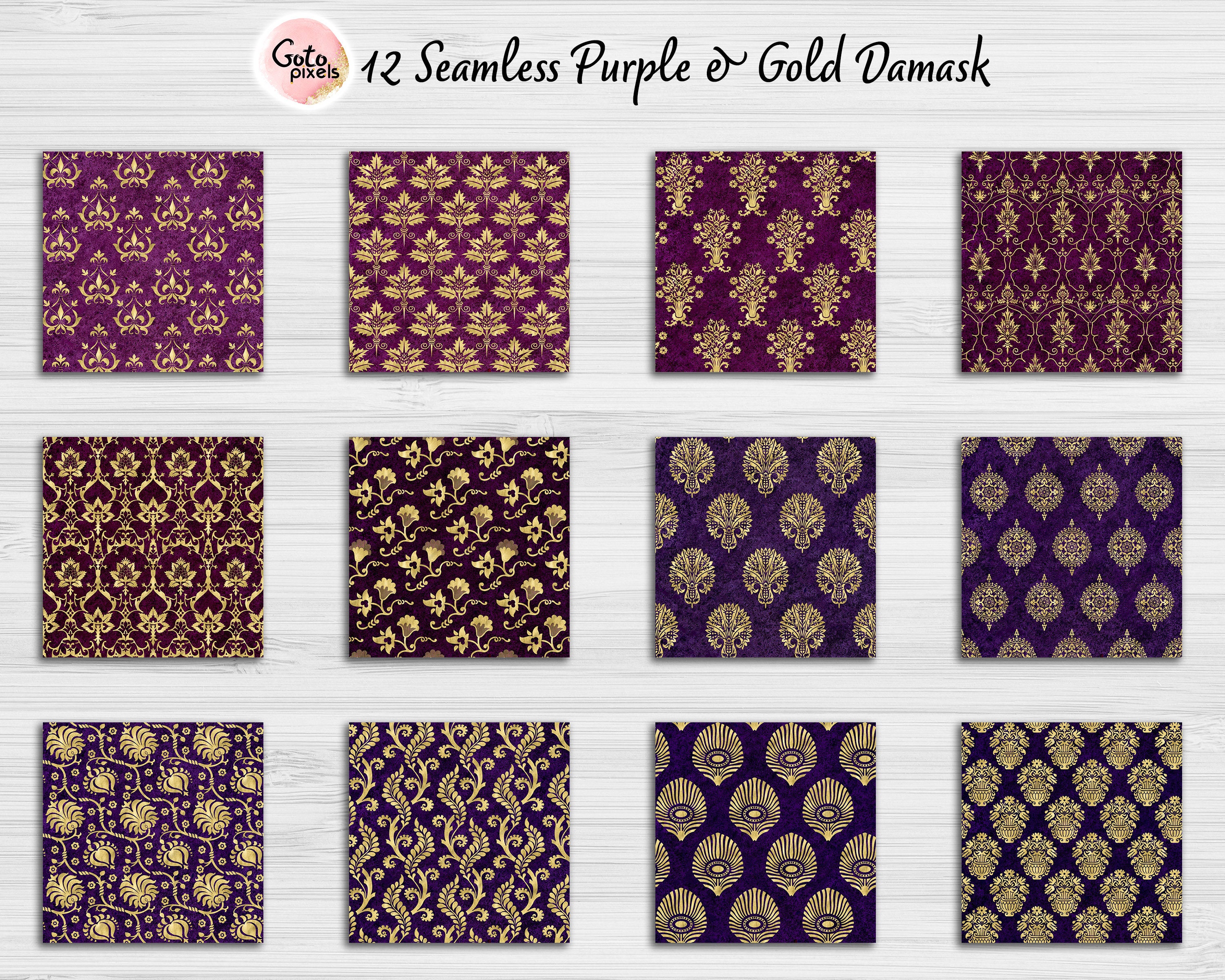 Purple and Gold Damask Digital Paper: Seamless Scrapbook Patterns ...