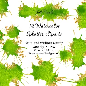 Lime Green Watercolor Splatter Clipart: Glitter Splash Backgrounds (Digital Download)
