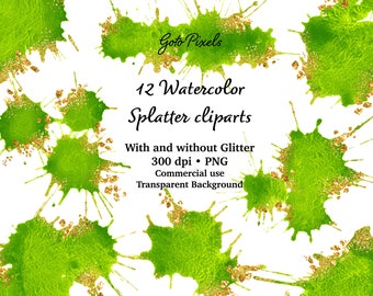 Lime Green Watercolor Splatter Clipart: Glitter Splash Backgrounds (Digital Download)