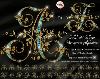 Floral Gold Silver Monogram Alphabet: Blue Diamond PNG Clipart (Digital Download)