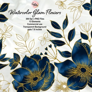 Blauwe aquarel en goud Glam flower clip art, digitale instant download glitter bloem png versieringen, goud glitter bloem PNG bestanden