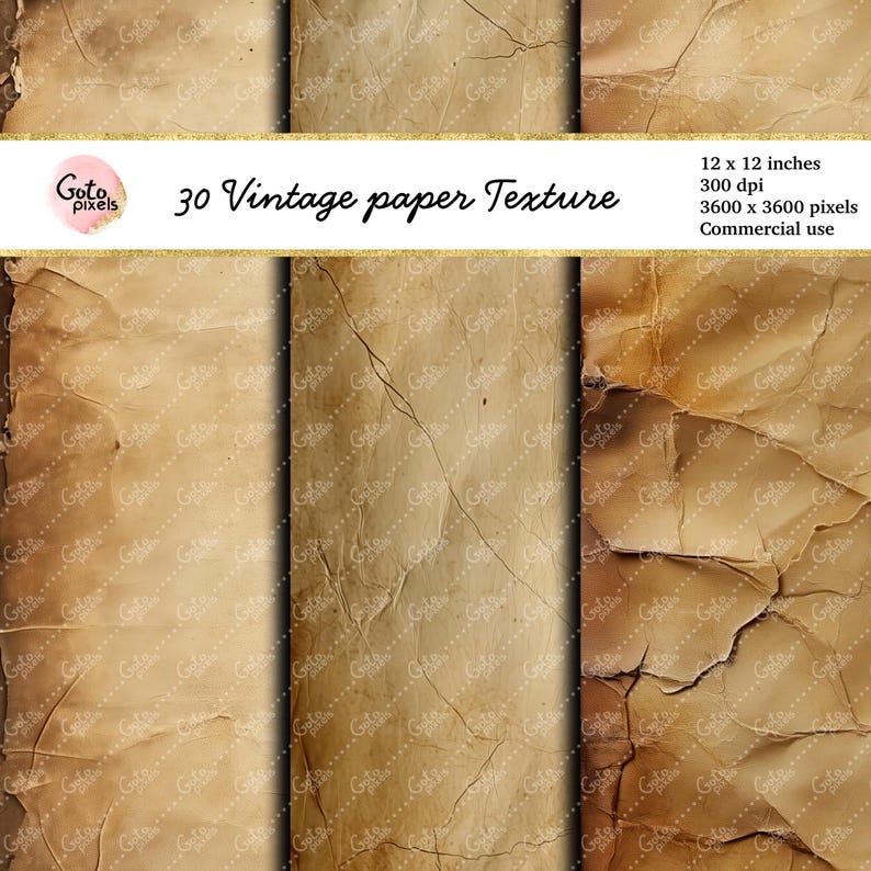 May include: 30 vintage paper textures in a digital download. Each texture is 12 inches by 12 inches and 3600 pixels by 3600 pixels. The textures are a light brown colour with a variety of wrinkles and creases.