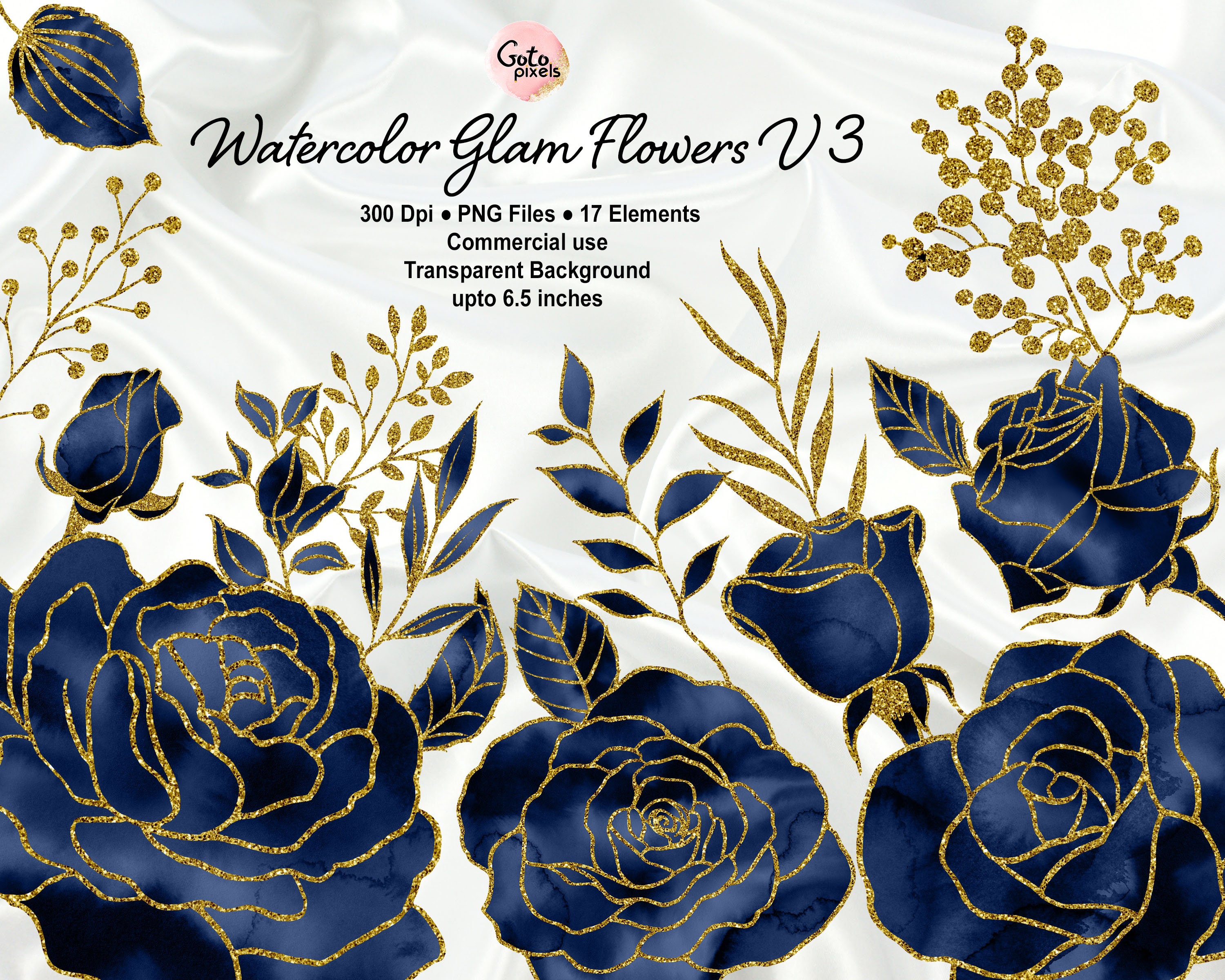 Blue Watercolor and Gold Glam Rose Clip Art, Digital instant download glitter flower png embellishments, Blue rose, Gold glitter roses