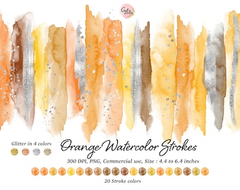 Orange Watercolor Brush Strokes Clipart: Gold Glitter (Digital Download)