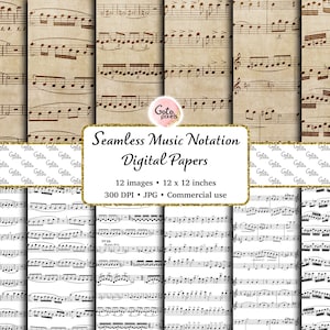 Papel digital de música sin costuras, patrones de partituras vintage papel de álbum de recortes imprimible, papeles digitales de notación de música sin costuras Uso comercial