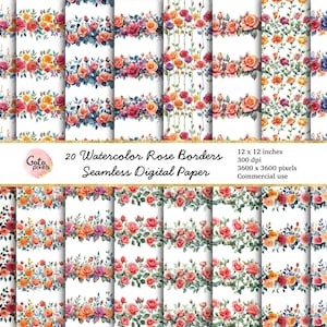Watercolor Rose Border Pattern, Colorful rose watercolor scrapbook paper, orange floral, instant download for commercial use