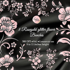 RoseGold Flowers Clipart, Silver Floral Clip Art, Gold Foil Flowers, Botanical PNG, Gold Plants, Digital Download, Free Commercial Use