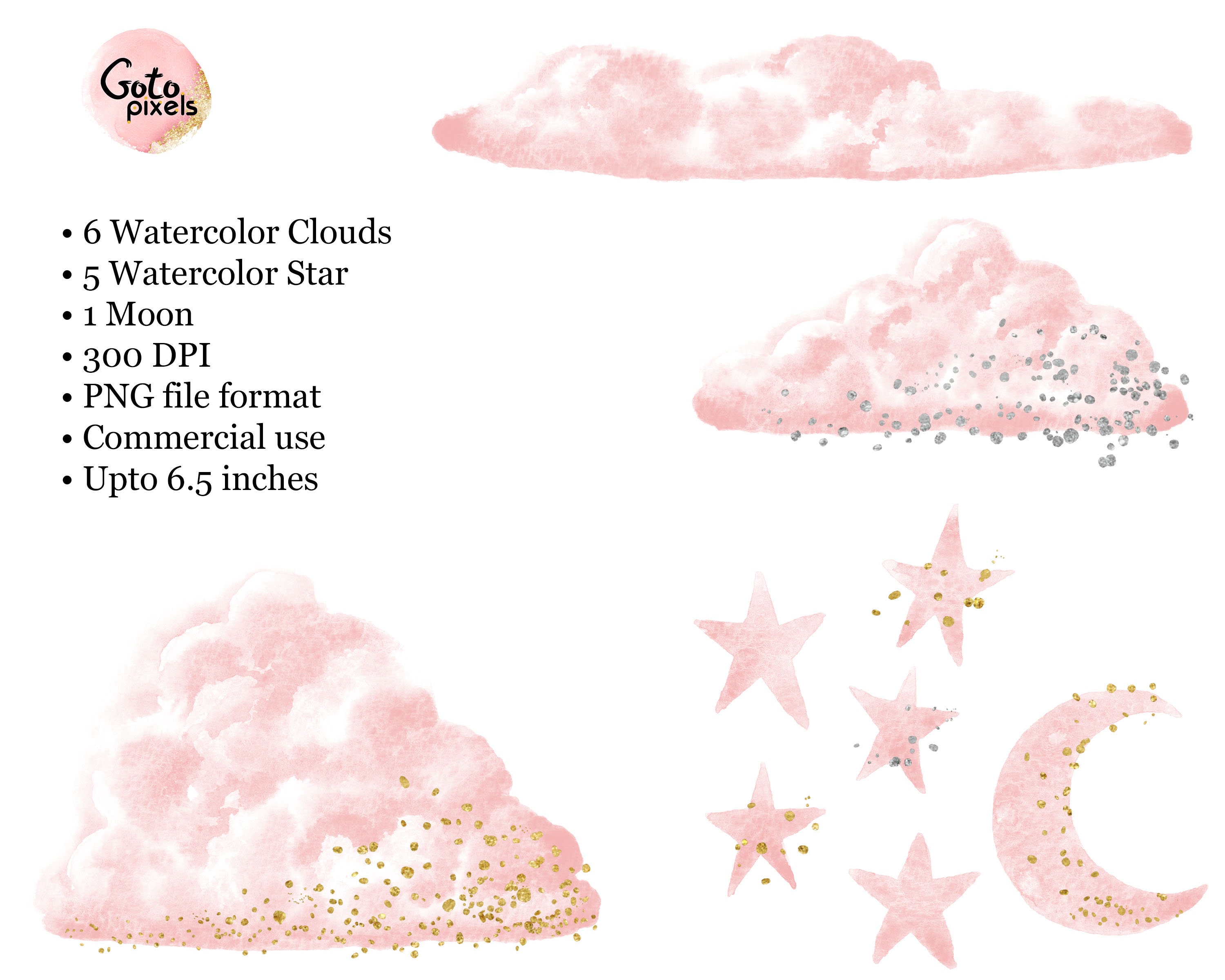 Pink Watercolor Clouds Clipart With Gold Glitter Glitter - Etsy