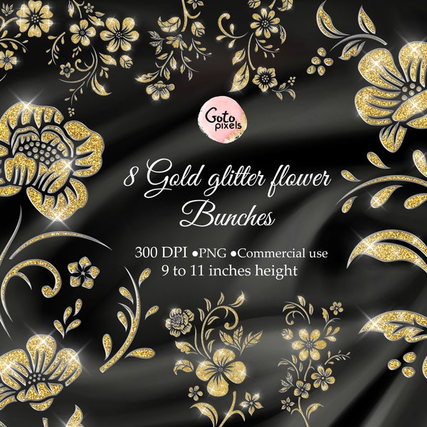 Gold Flowers Clipart, Golden Floral Clip Art, Gold Foil Flowers, Botanical PNG, Gold Plants, Digital Download, Free Commercial Use