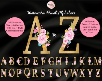 Può includere: Un set di 26 lettere dell'alfabeto floreale in acquerello dorato con fiori rosa, gialli e blu. Ogni lettera è alta 10 cm e 300 dpi. Le lettere sono perfette per progetti di artigianato, inviti e altro ancora.