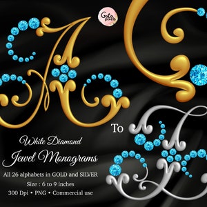 Gold & Silber Alphabet Clipart: Blau Diamant Schmuck Monogramm (digitaler Download)