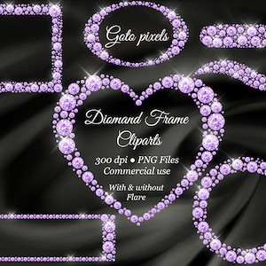 Lila Diamant Rahmen Clipart, lila Diamant Grenzen Overlay, Glitter Edelsteine ClipArt, Diamant-Herz-Form, quadratische Rahmen, kommerzielle Nutzung