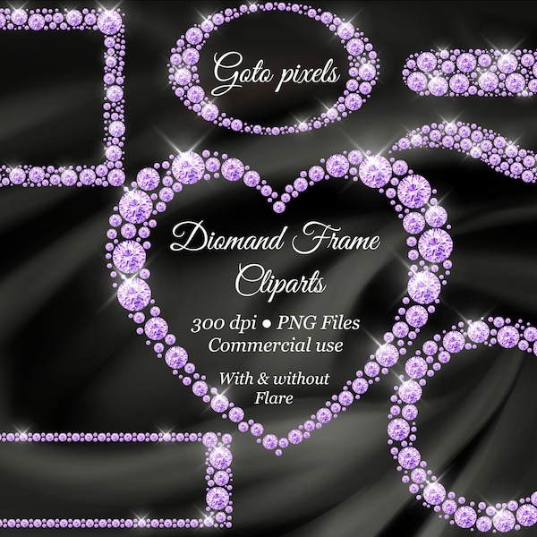 Purple Diamond Frame Clipart, Purple Diamond Borders Overlay, Glitter Gems Clip Art, Diamond Heart shape, Square Frames, Commercial Use