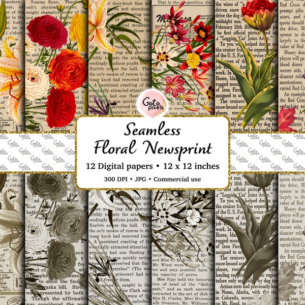 Newsprint Flower Digital Paper, seamless vintage flower patterns on old newspaper textures printable instant download for commercial use