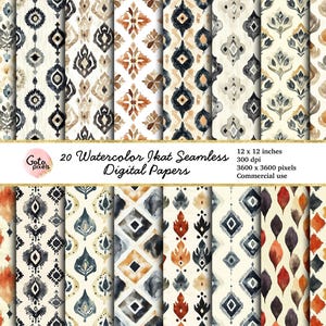 Può includere: 20 carte digitali con motivi ikat ad acquerello in tonalità di blu, arancione, marrone e bianco. Ogni motivo è senza cuciture e misura 30,48 cm per 30,48 cm.