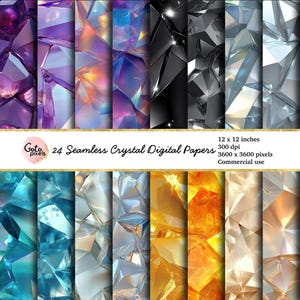 May include: 24 digital papers featuring seamless patterns of colorful, iridescent crystal textures. Each paper is 12 inches by 12 inches and 300 dpi.
