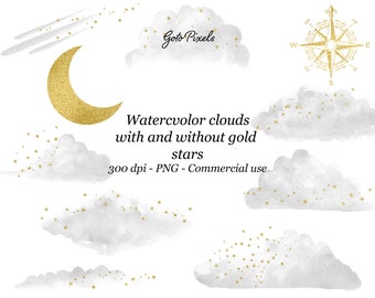 Grey Watercolor Clouds Clipart with Gold stars, Glitter Clouds Clip Art, Glitter Confetti, Weather Clipart, PNG Files, Digital Download