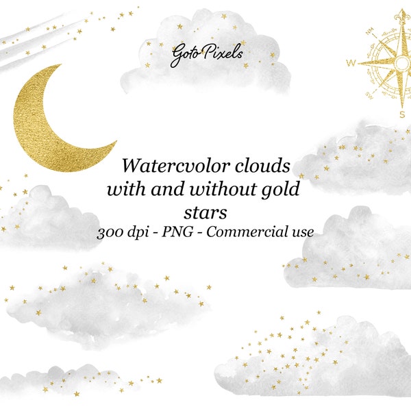 Grey Watercolor Clouds Clipart with Gold stars, Glitter Clouds Clip Art, Glitter Confetti, Weather Clipart, PNG Files, Digital Download