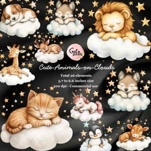 Schattige dieren op wolken clipart, 26 hoge kwaliteit png-bestanden, schattige dieren, kinderkamer clipart, babydieren, illustratie, printables, commercieel