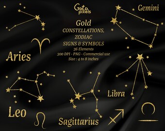 Gold Glitter Zodiac Constellations Clipart: Celestial PNG (Digital Download)