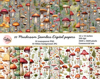 May include: 20 digital papers featuring seamless patterns of watercolor mushrooms in various colors and styles. The patterns include red and white mushrooms, yellow mushrooms, and brown mushrooms. The mushrooms are surrounded by green leaves and flowers. The papers are 12 inches by 12 inches and 300 dpi.