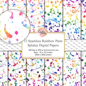 Regenbogen Farbspritzer auf weißen digitalen Papieren, nahtlos bedruckbares Scrapbookpapier mit Aquarell tropft Paintball-Spritzer Kommerzielle Nutzung