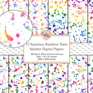 Rainbow paint splatter on white digital papers,Seamless printable scrapbook paper with watercolor drips paintball spatters Commercial use