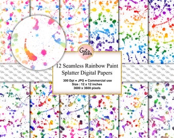 Rainbow paint splatter on white digital papers,Seamless printable scrapbook paper with watercolor drips paintball spatters Commercial use