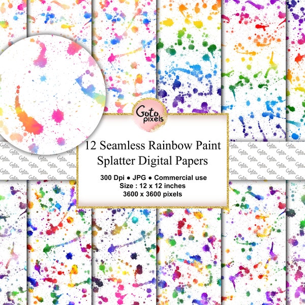 Regenbogen Farbspritzer auf weißen digitalen Papieren, nahtloses bedruckbares Scrapbookpapier mit Aquarelltropfen, Paintballspritzern Kommerzielle Nutzung