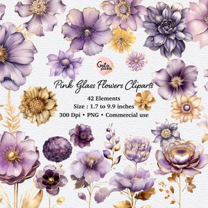 Purple Flower Clip Art: Gold Glass PNG Embellishments (Digital Download)