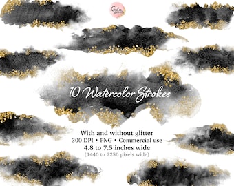 Black Watercolor Brush Strokes Clipart: Gold & Silver Glitter (Digital Download)