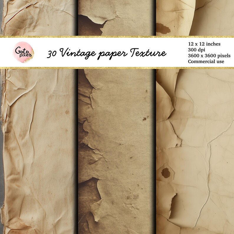 May include: 30 vintage paper textures, each measuring 12 x 12 inches, with a distressed, aged look. The textures are perfect for adding a vintage feel to your projects.