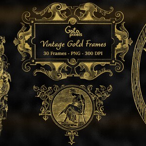 May include: A set of 30 vintage gold frames, perfect for adding a touch of elegance to your designs. The frames are in PNG format and are 300 DPI.