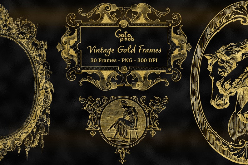 May include: A set of 30 vintage gold frames, perfect for adding a touch of elegance to your designs. The frames are in PNG format and are 300 DPI.