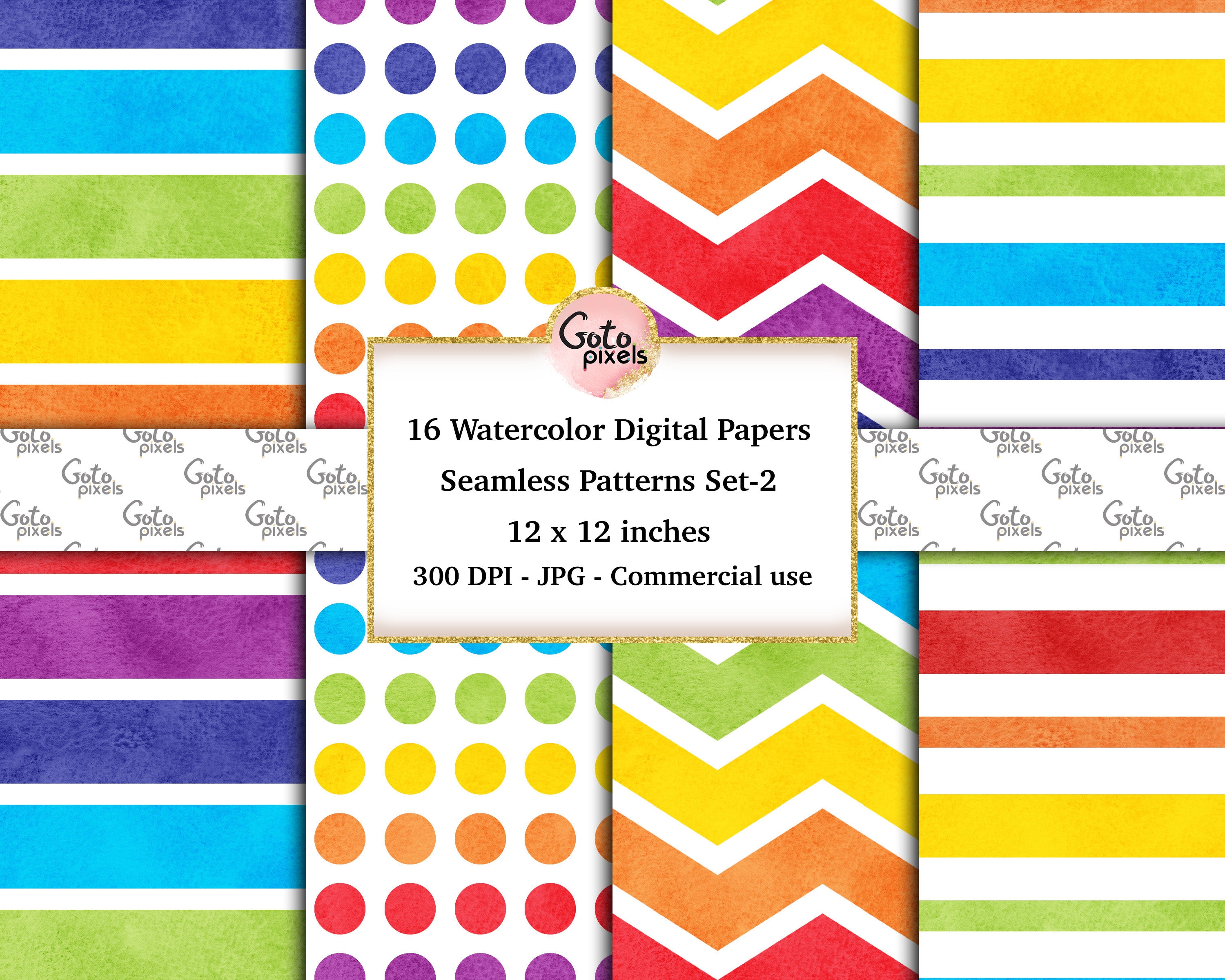 16 Watercolor Rainbow Seamless Digital Papers: Star Patterns (12x12 ...