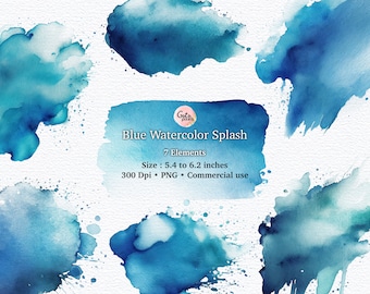 May include: Seven blue watercolor splashes in various sizes and shapes. The splashes are on a white background. The text "Blue Watercolor Splash" is in the center of the image. The text "7 Elements" is below the title. The text "Size: 5.4 to 6.2 inches" is below the number of elements. The text "300 Dpi PNG Commercial use" is below the size.