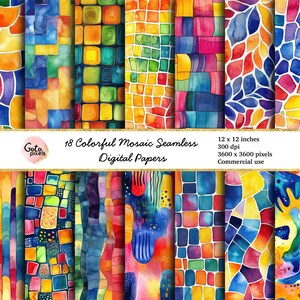 May include: 18 digital papers featuring colorful mosaic patterns in shades of blue, green, yellow, orange, and red. Each paper is 12 inches by 12 inches and 300 dpi.