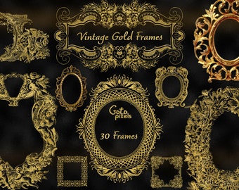 May include: A set of 30 vintage gold frames with intricate designs. The frames are perfect for adding a touch of elegance to any project.