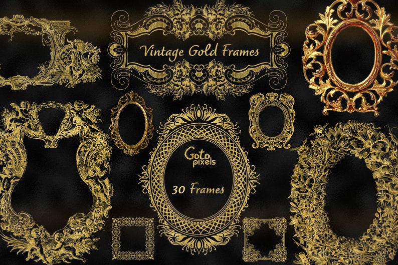 May include: A set of 30 vintage gold frames with intricate designs. The frames are perfect for adding a touch of elegance to any project.