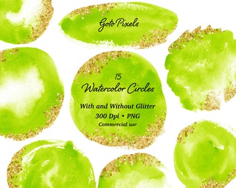 Lime Green Watercolor Circles with Gold Glitter (PNG Digital Download)
