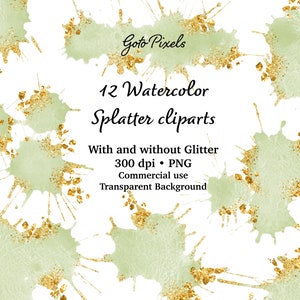 Green Watercolor Splatter Clipart: Gold & Silver Glitter (Digital Download)