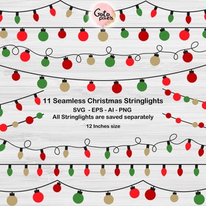May include: Eleven seamless Christmas string light designs with red, green, and gold bulbs. The string lights are 12 inches in size and are available in SVG, EPS, AI, and PNG formats.