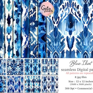 May include: Set of eight digital papers featuring blue and white ikat patterns. The patterns are seamless and can be repeated for various design projects. Each paper is 12 inches by 12 inches and 300 DPI.